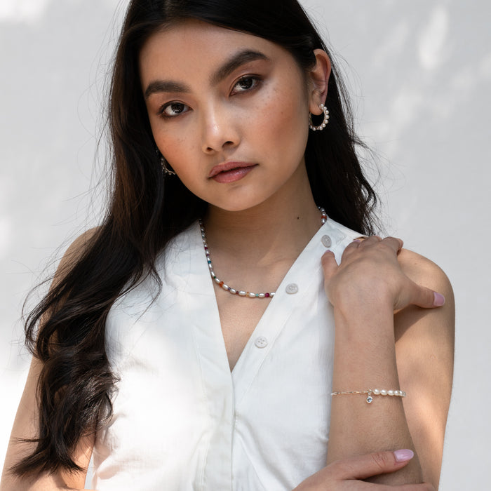 Dower & Hall Luna White Pearl Chain And Aquamarine Drop Bracelet