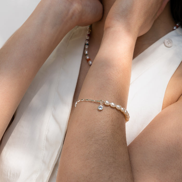 Dower & Hall Luna White Pearl Chain And Aquamarine Drop Bracelet