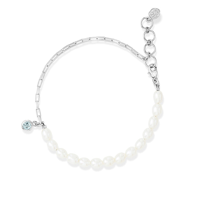 dower & hall Luna White Pearl Chain and Aquamarine Drop Bracelet