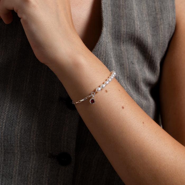 Dower & Hall Luna White Pearl Chain And Garnet Drop Bracelet