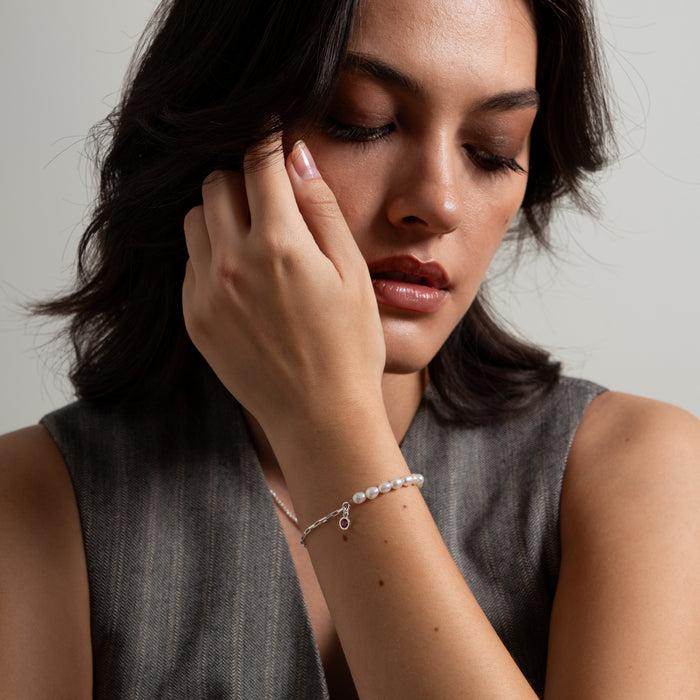 Dower & Hall Luna White Pearl Chain And Garnet Drop Bracelet