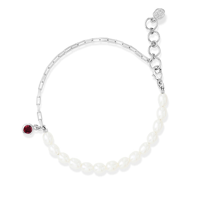 dower & hall Luna White Pearl Chain and Garnet Drop Bracelet