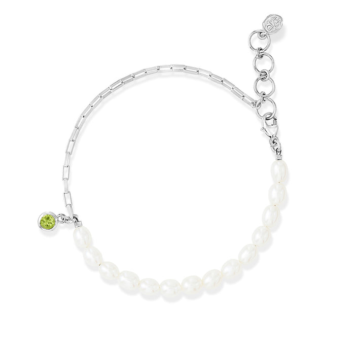 dower & hall Luna White Pearl Chain and Peridot Drop Bracelet