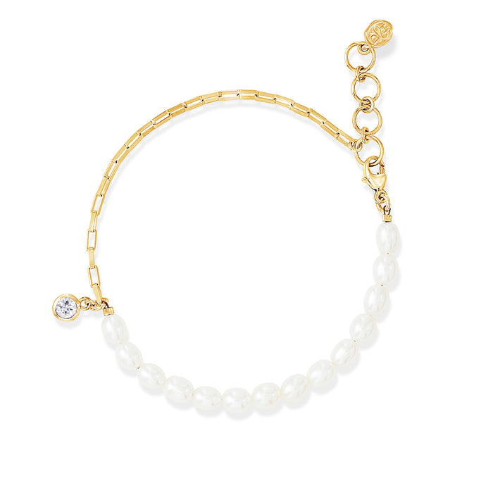 dower & hall Luna White Pearl Chain & White Topaz Drop Bracelet