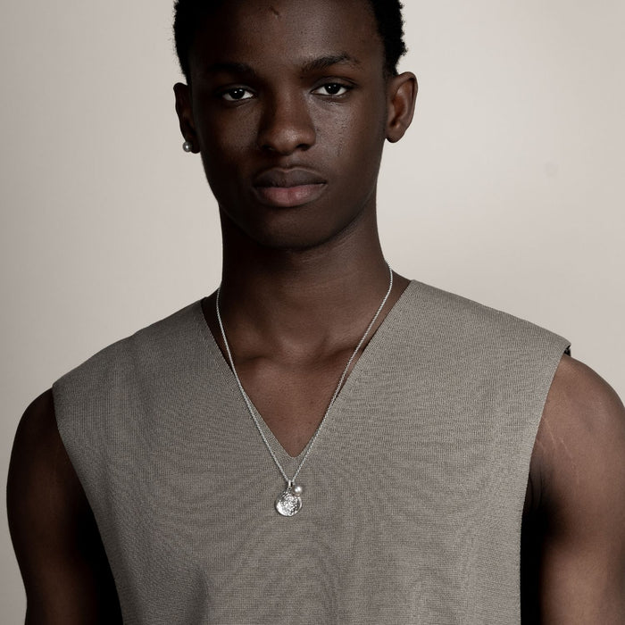 Dower & Hall Men's Hammered Disc & Dove Grey Freshwater Pearl Pendant