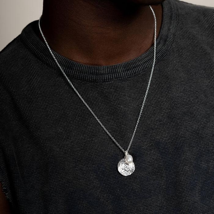 Dower & Hall Men's Hammered Disc & White Freshwater Pearl Pendant