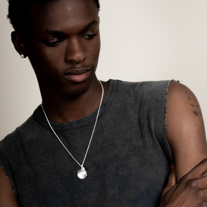 Dower & Hall Men's Hammered Disc & White Freshwater Pearl Pendant