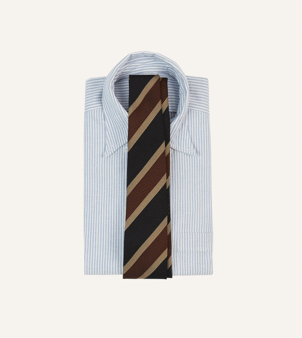 Drake's Black And Brown Multi Stripe Hand Rolled Silk Grenadine Tie