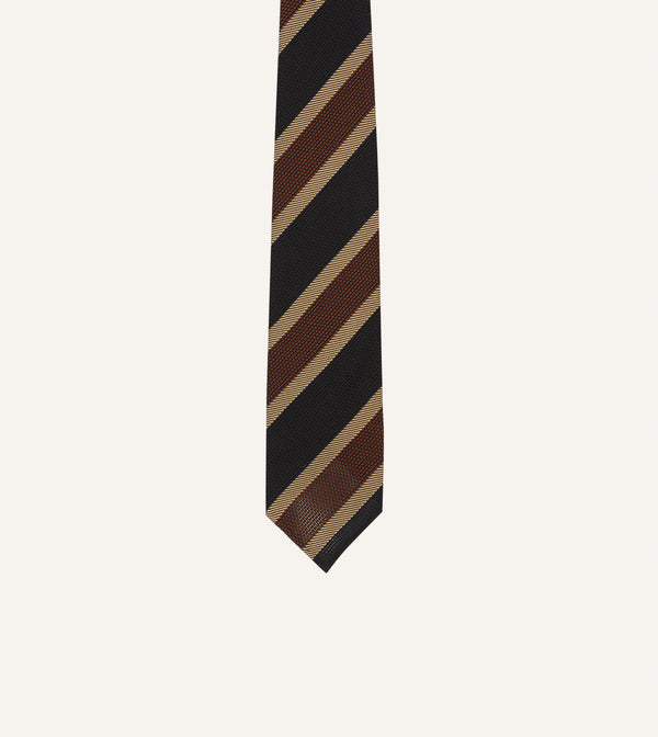 Drake's Black And Brown Multi Stripe Hand Rolled Silk Grenadine Tie