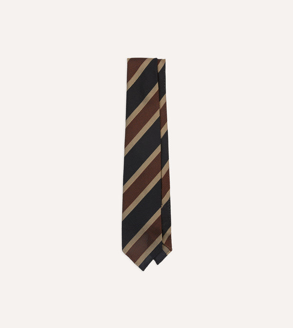 drake's Black and Brown Multi Stripe Hand Rolled Silk Grenadine Tie