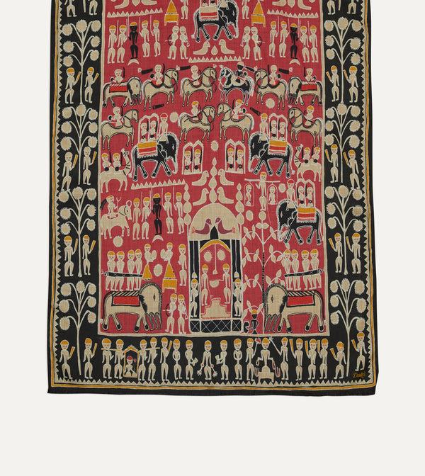 Drake's Black And Red Tribal Elephant Print Wool-Silk Scarf