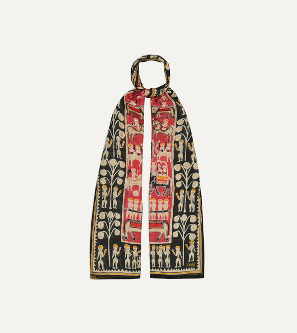 Drake's Black And Red Tribal Elephant Print Wool-Silk Scarf