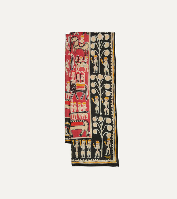 drake's Black and Red Tribal Elephant Print Wool-Silk Scarf