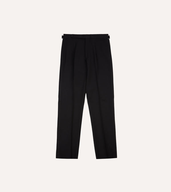 Drake's Black Barathea Wool Single Pleat Dinner Trousers