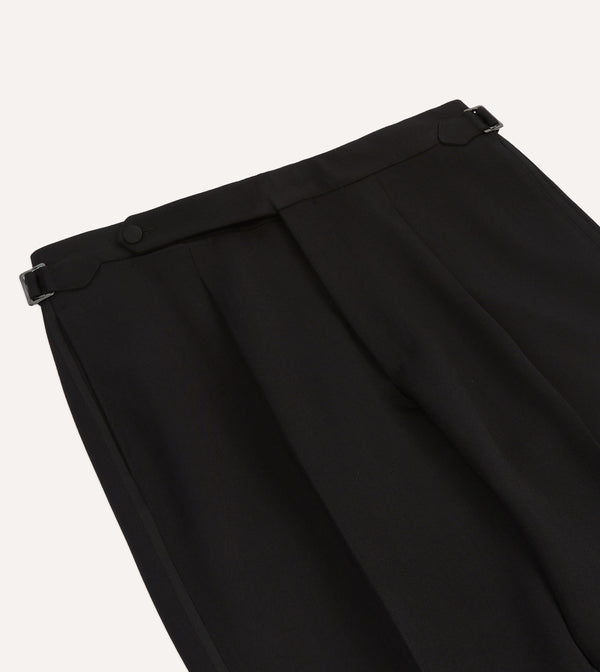 Drake's Black Barathea Wool Single Pleat Dinner Trousers