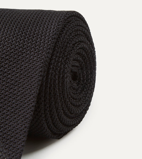 Drake's Black Fine Woven Grenadine Silk Hand Rolled Tie