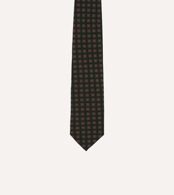 Drake's Black Green And Red Diamond Print Check Self-Tipped Wool Tie