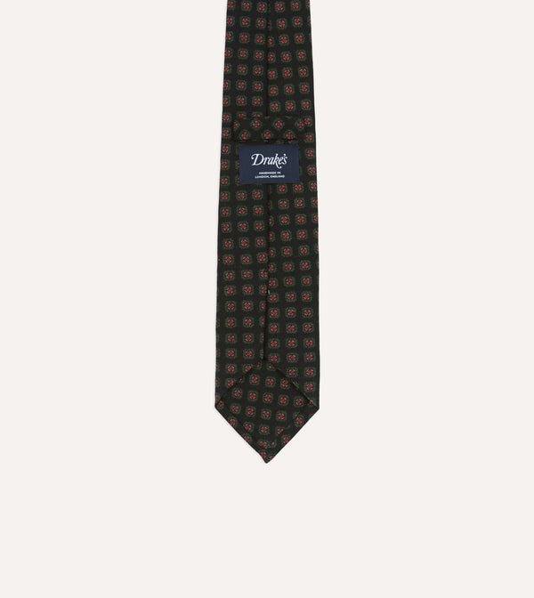 Drake's Black Green And Red Diamond Print Check Self-Tipped Wool Tie