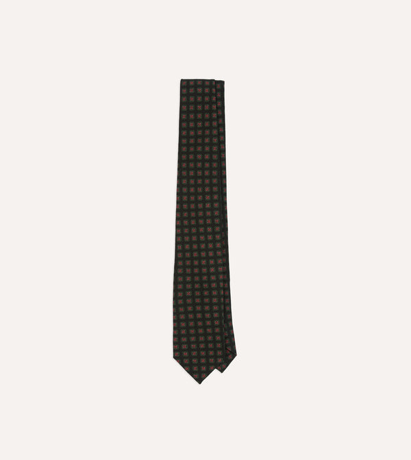 drake's Black Green and Red Diamond Print Check Self-Tipped Wool Tie