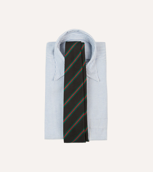 Drake's Black Green And Red Sandwich Stripe Mogador Silk Tipped Tie