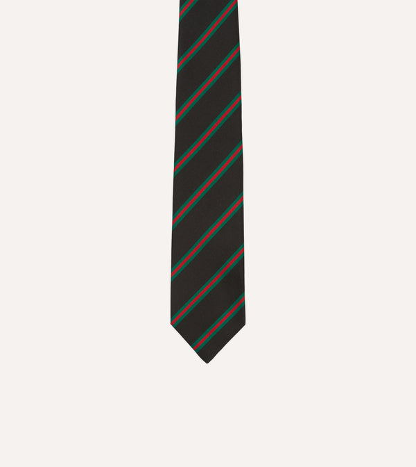 Drake's Black Green And Red Sandwich Stripe Mogador Silk Tipped Tie
