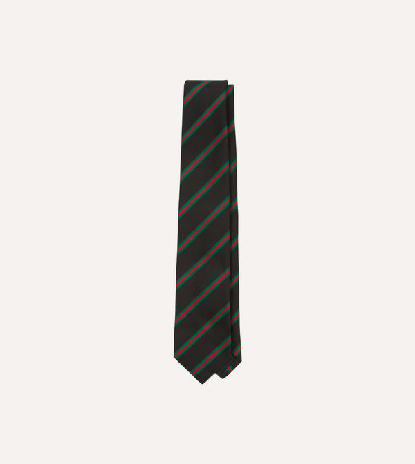 drake's Black Green and Red Sandwich Stripe Mogador Silk Tipped Tie