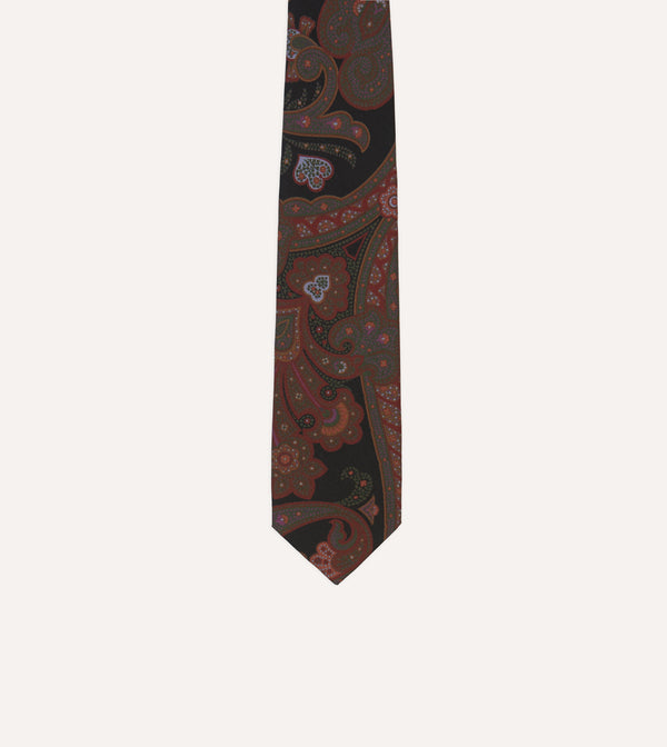 Drake's Black Large Paisley Print Madder Silk Self-Tipped Tie