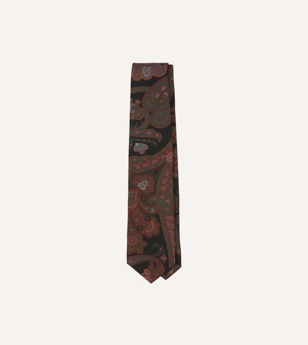 drake's Black Large Paisley Print Madder Silk Self-Tipped Tie
