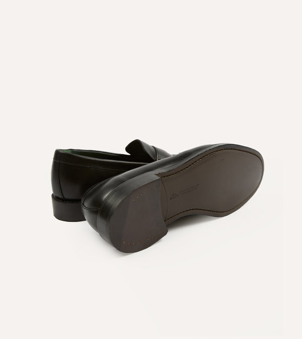 Drake's Black Leather Charles Goodyear Welted Penny Loafer