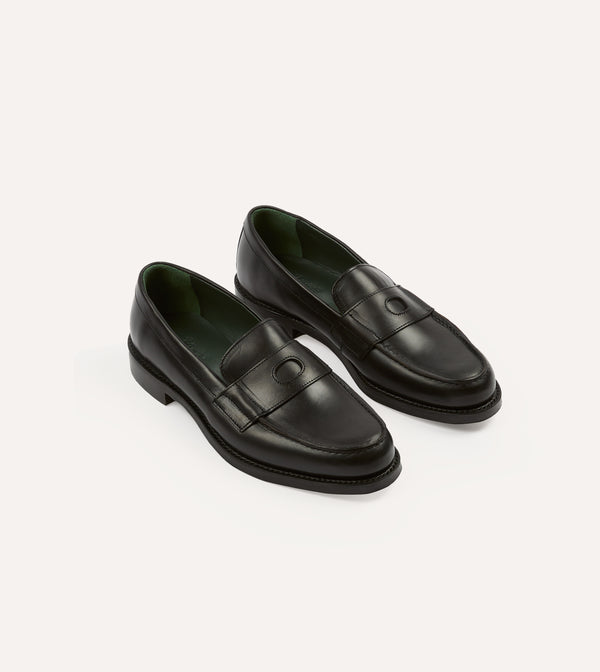 drake's Black Leather Charles Goodyear Welted Penny Loafer