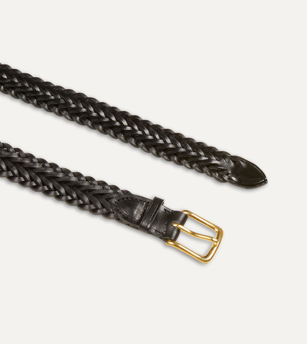Drake's Black Plaited Bridle Leather Belt With Brass Buckle