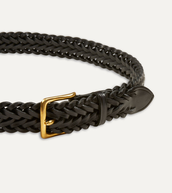 Drake's Black Plaited Bridle Leather Belt With Brass Buckle