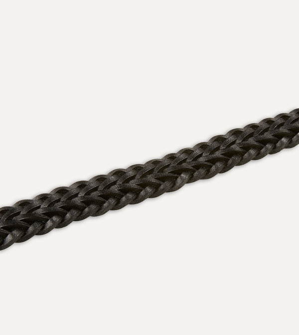 Drake's Black Plaited Bridle Leather Belt With Brass Buckle