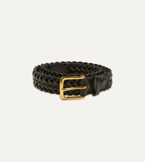 drake's Black Plaited Bridle Leather Belt with Brass Buckle