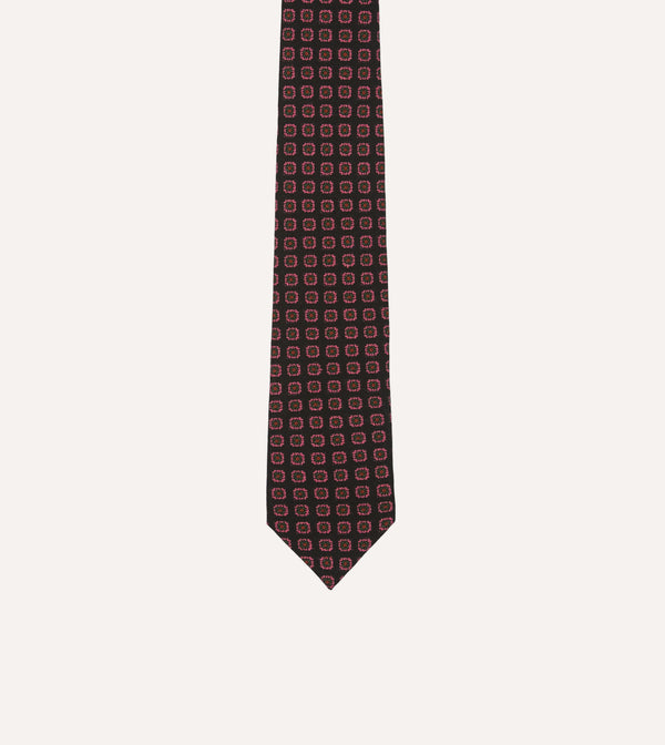 Drake's Black Red And Green Diamond Print Check Self-Tipped Wool Tie