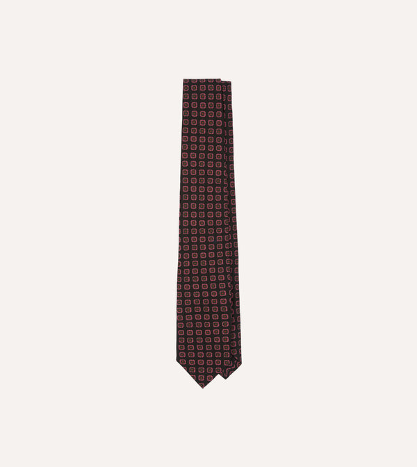 drake's Black Red and Green Diamond Print Check Self-Tipped Wool Tie