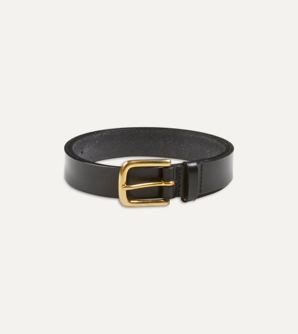 drake's Black Unlined Bridle Leather Belt with Brass Buckle