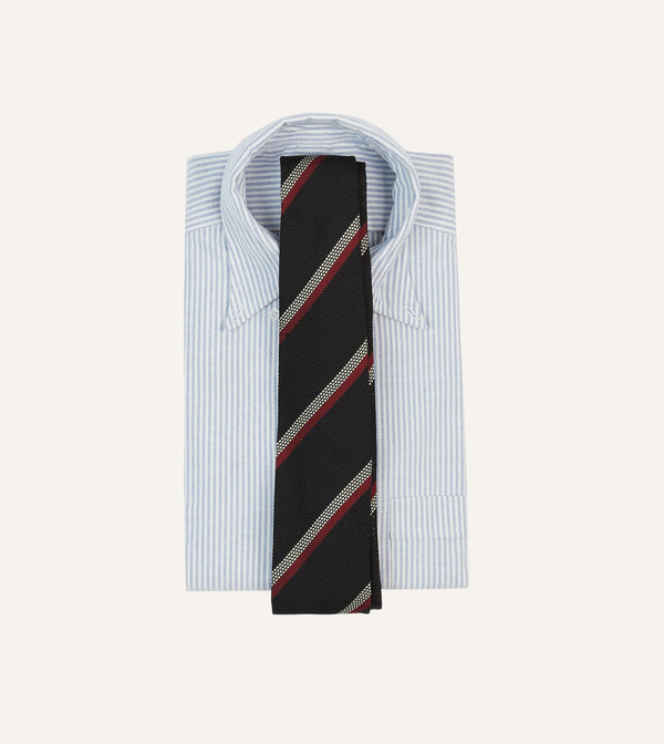 Drake's Black White And Red Stripe Hand Rolled Silk Grenadine Tie