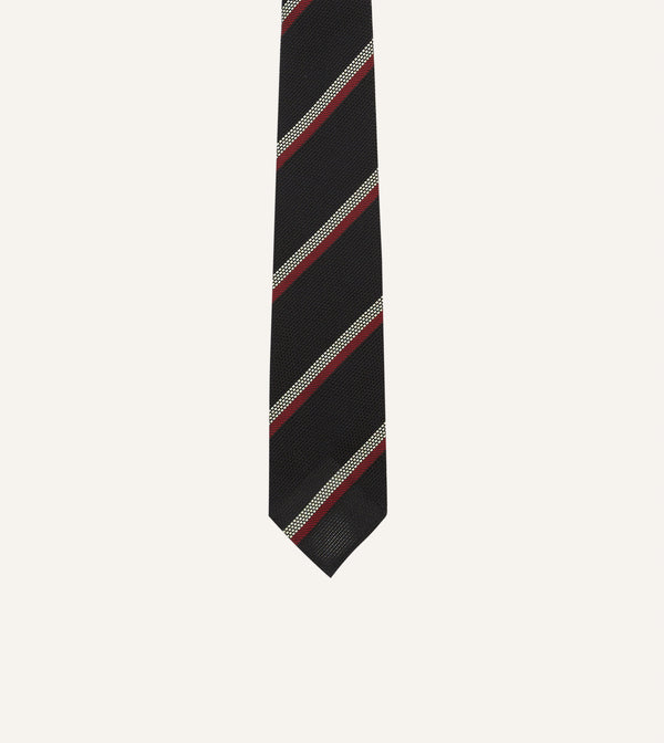 Drake's Black White And Red Stripe Hand Rolled Silk Grenadine Tie