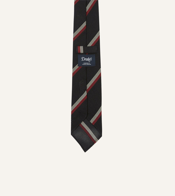 Drake's Black White And Red Stripe Hand Rolled Silk Grenadine Tie