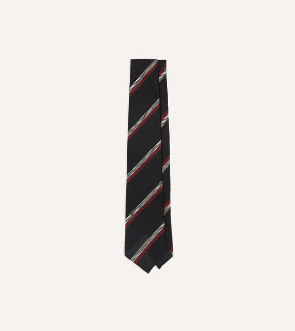 drake's Black White and Red Stripe Hand Rolled Silk Grenadine Tie