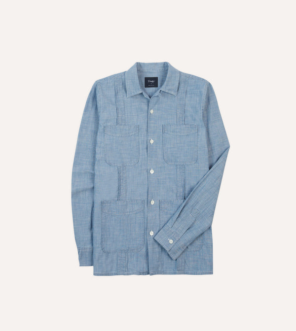drake's Bleach Wash Chambray Cotton Long Sleeve Cuban Shirt