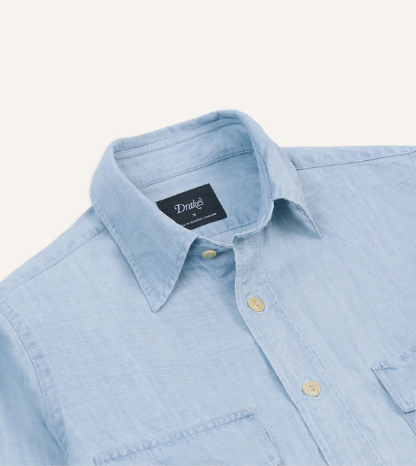 Drake's Bleach Wash Cotton-Linen Long Point Collar Work Shirt