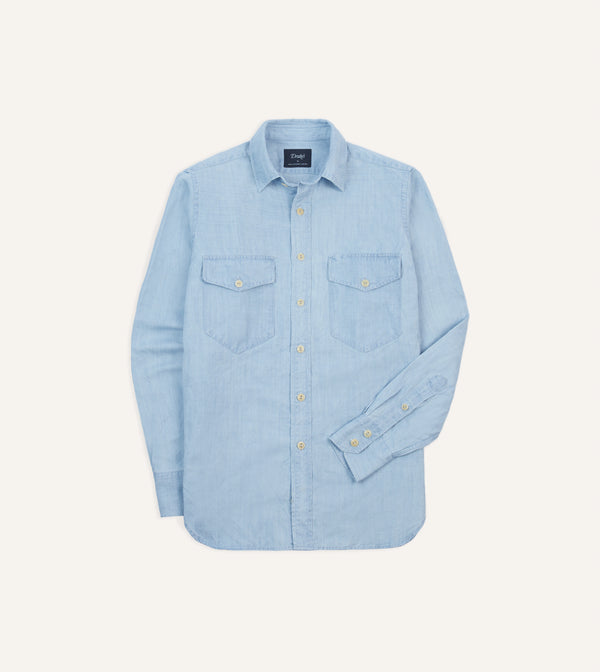 drake's Bleach Wash Cotton-Linen Long Point Collar Work Shirt