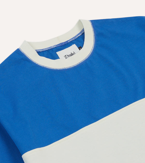 Drake's Blue And Ecru Panel Stripe Cotton Crew Neck Hiking T-Shirt