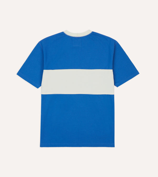 Drake's Blue And Ecru Panel Stripe Cotton Crew Neck Hiking T-Shirt