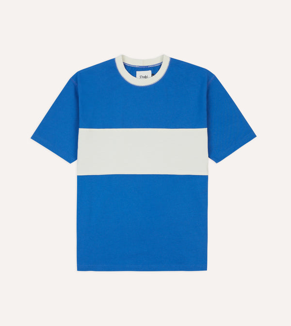 drake's Blue and Ecru Panel Stripe Cotton Crew Neck Hiking T-Shirt