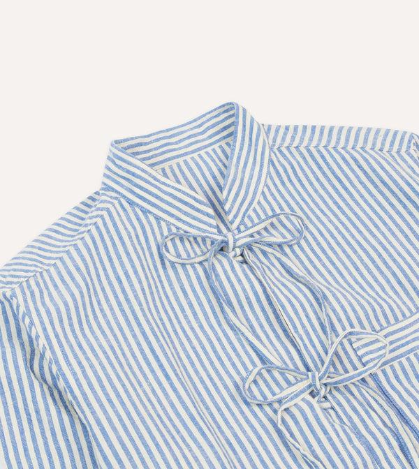 Drake's Blue And Ecru Stripe Tie Front Lightweight Overshirt