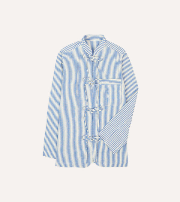 drake's Blue and Ecru Stripe Tie Front Lightweight Overshirt