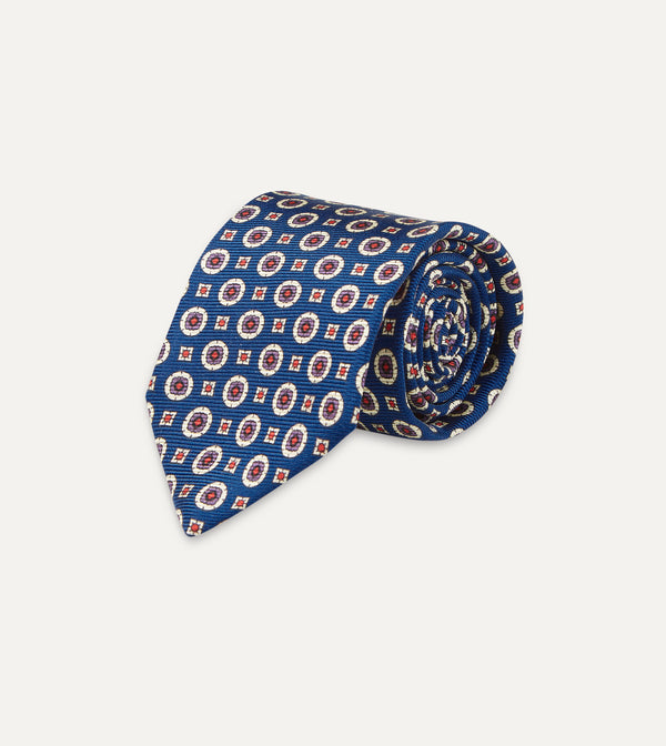 Drake's Blue And Red Geometric Medallion Print Silk Foulard Tie